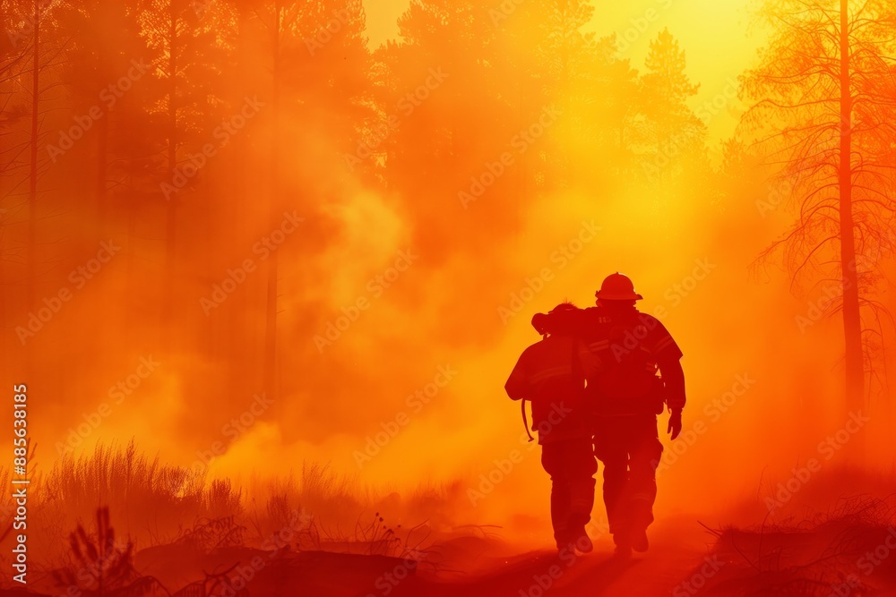 Two firefighters walking through smoke in a forest fire