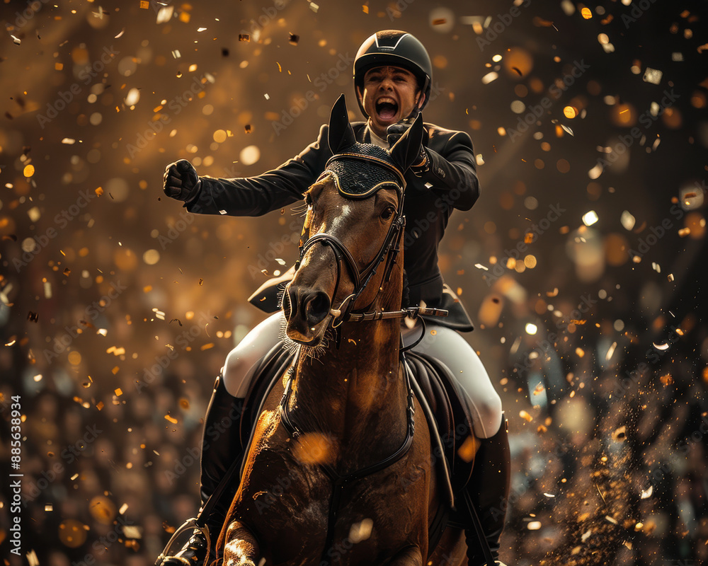 Fototapeta premium Professional horse rider in an Equestrian event, celebrating and screaming happily.