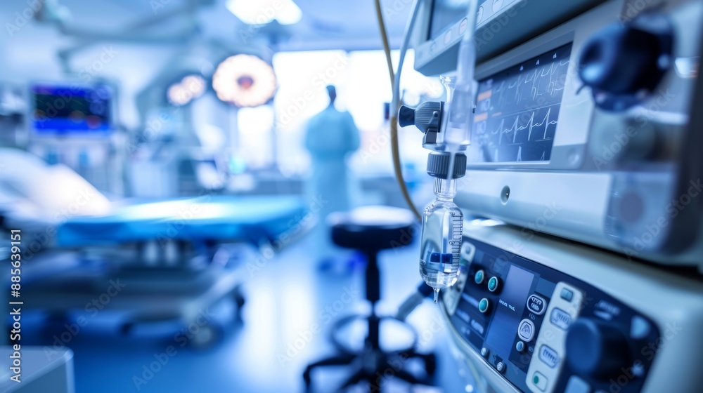 A close-up shot of medical equipment in a hospital operating room, with a blurred background of a surgical bed and a doctor in scrubs A close-up shot of medical equipment in a hospital operating room, with a blurred background of a surgical bed and a doctor in scrubs