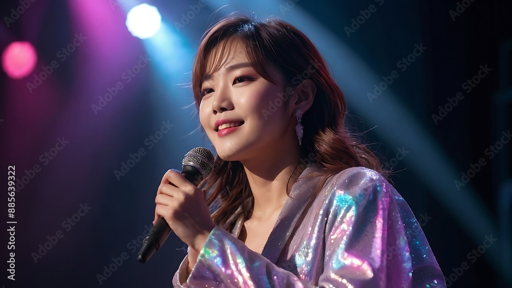 Young pretty Asian woman with glitter make-up wearing sporty fashion, white clothes, model posing isolated on a colorful modern pink and blue background, k-pop style Young pretty Asian woman with glitter make-up wearing sporty fashion, white clothes, model posing isolated on a colorful modern pink and blue background, k-pop style