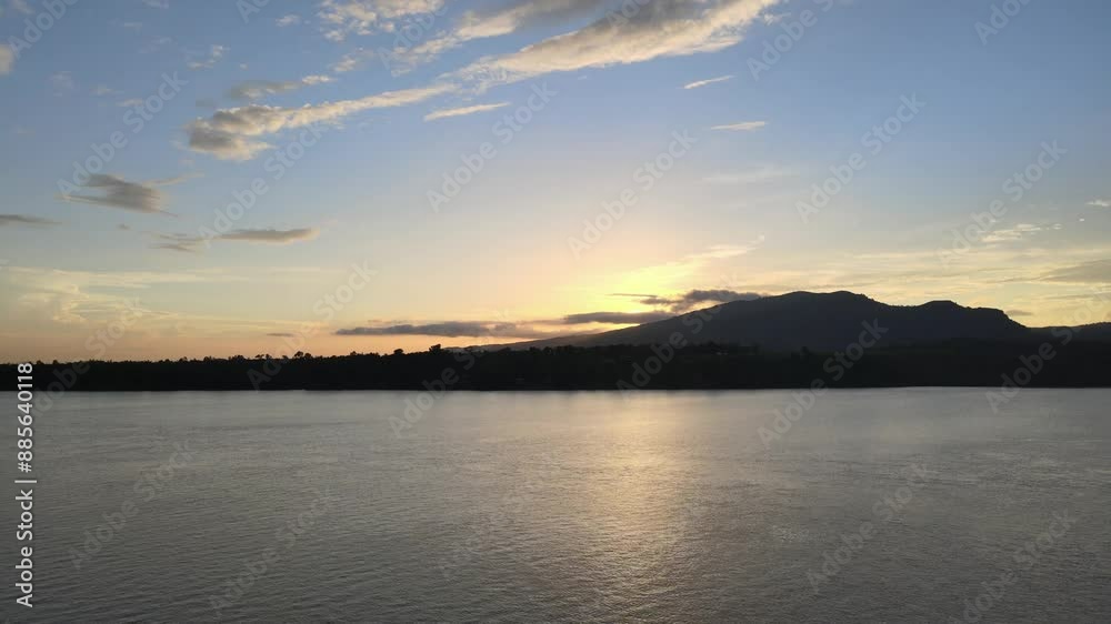 Aerial Establishing Shot of Scenic Sunset Over River and Mountains. Title Sequence Background Aerial Establishing Shot of Scenic Sunset Over River and Mountains. Title Sequence Background