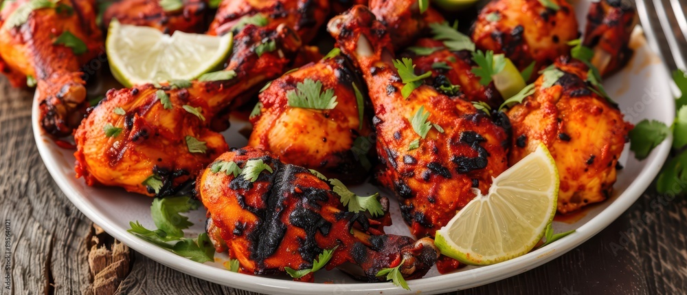 Tandoori chicken is marinated in yogurt and spices, then cooked in a tandoor oven, resulting in a smoky and tender dish Tandoori chicken is marinated in yogurt and spices, then cooked in a tandoor oven, resulting in a smoky and tender dish