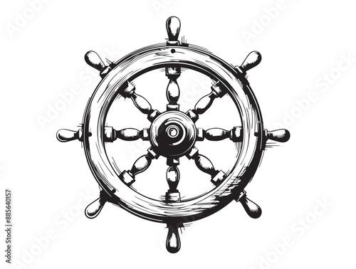 Illustration of retro ship steering wheel, Hand drawn style	
