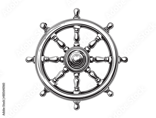 Illustration of retro ship steering wheel, Hand drawn style	
