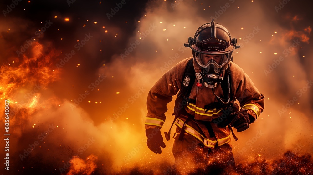 Brave firefighter in full gear battling intense blaze. Courage, danger, and dedication. Firefighting hero in action. Brave firefighter in full gear battling intense blaze. Courage, danger, and dedication. Firefighting hero in action.
