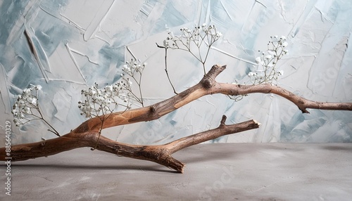 old wooden branches on the background of a plastered wall crystal