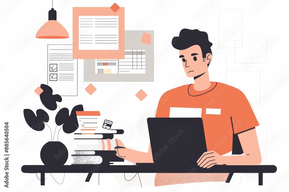 Man paying bills at the end of the month, surrounded by paperwork and stress. Man paying bills at the end of the month, surrounded by paperwork and stress.