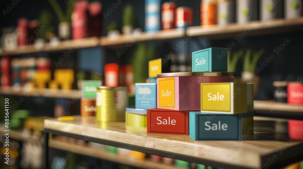 Colorful Sale Boxes Stacked on Countertop in Front of Shelves of Products Colorful Sale Boxes Stacked on Countertop in Front of Shelves of Products