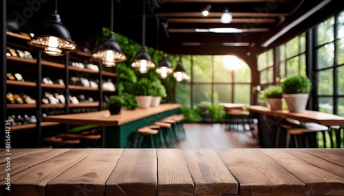 empty beautiful wood table top counter and blur blur of cafe shop © Nayeli