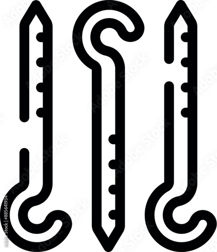 Simple line icon set of three different metal pegs for camping tent installing