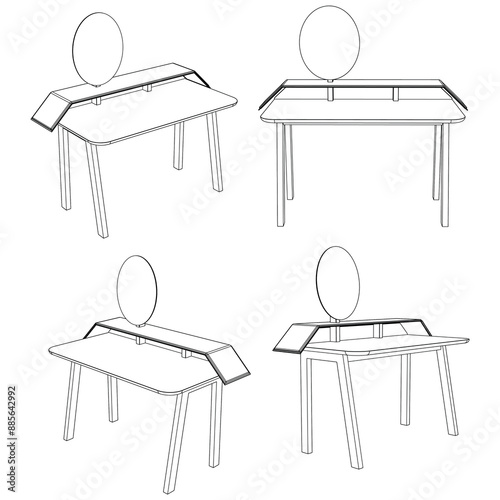 Dressing Table Line Vector Illustration.  Set of Different Views of Dressing Table with Detailed Design Elements, Ideal for Furniture Design and Interior Concepts