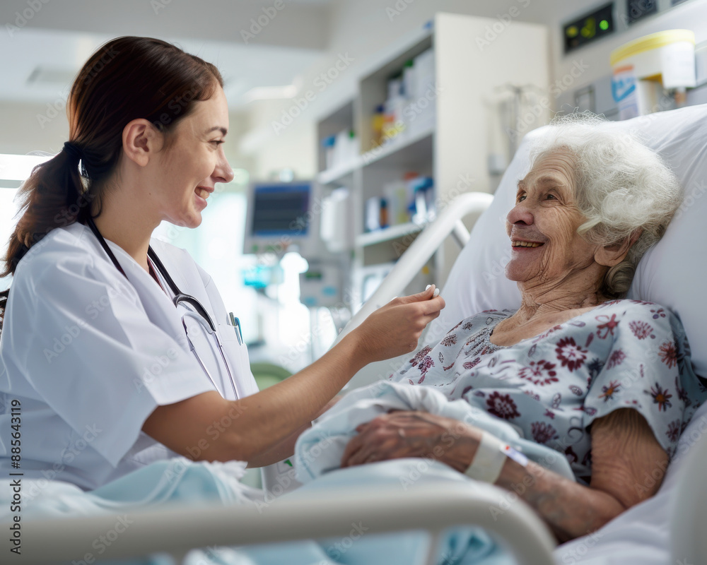 Fototapeta premium Doctor helping a patient lying on a hospital bed, happy faces.