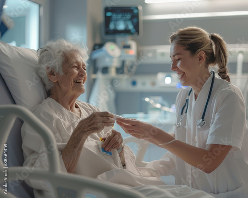 Doctor helping a patient lying on a hospital bed, happy faces.