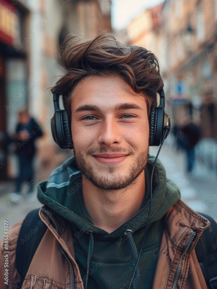 A person wearing headphones walking on a busy urban street A person wearing headphones walking on a busy urban street