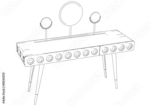 Line Vector Illustration of Dressing Table Isolated on White Background. Detailed Design Perfect for Interior Design and Furniture Concepts