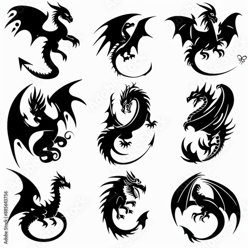 Dragons icon silhouette, dino, wyvern symbols, dinosaurs isolated, mythical monster, minimal flat tattoo