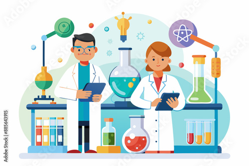 Doctors Research Medicine, Medicine research concept, doctors study medicine, Flat vector illustration. Medical laboratories make pharmaceutical test by chemistry science.