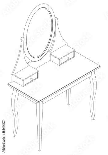 Dressing Table Line Vector Illustration. Different Views of Dressing Table, Ideal for Furniture Design and Interior Concepts 