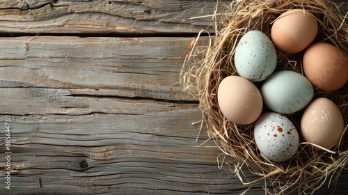 Easter themed Araucana and chicken eggs on wooden backdrop for text photo