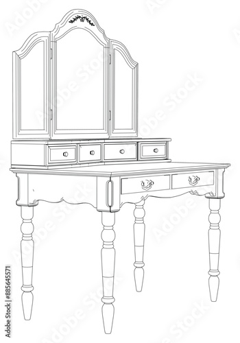 Dressing Table Line Vector Illustration. Different Views of Dressing Table, Ideal for Furniture Design and Interior Concepts 