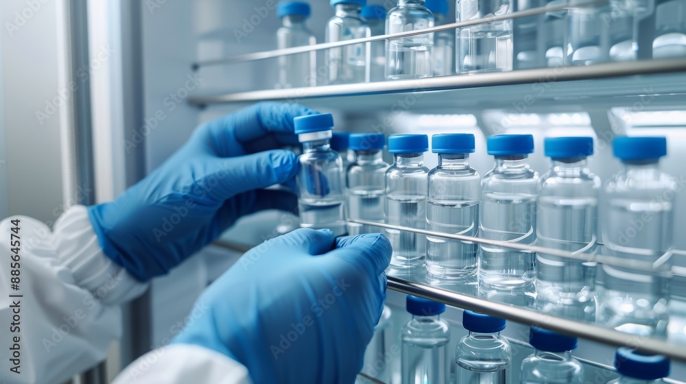 Fototapeta premium A gloved hand reaches into a refrigerated cabinet and picks up a glass vial from a shelf full of similar vials