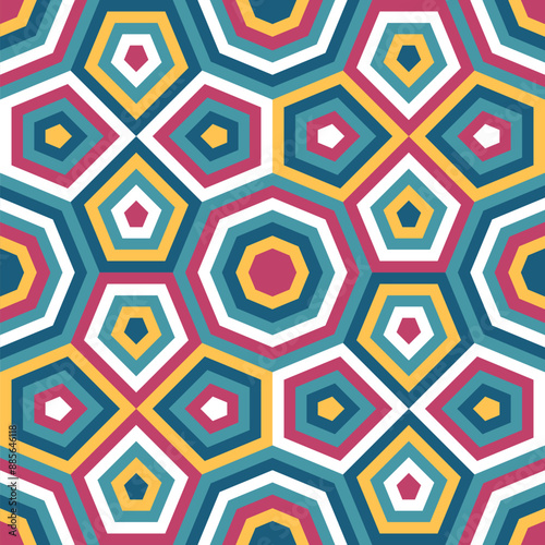 Seamless retro-style pattern with concentric red, blue, yellow, and white hexagons, octagons, and pentagons. Abstract geometric background. 