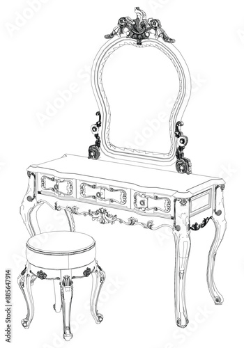 Line Vector Illustration of Dressing Table Isolated on White Background. Detailed Design Perfect for Interior Design and Furniture Concepts