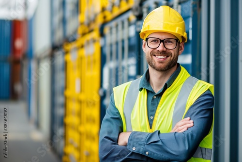 Confident Engineer in Protective Clothing at Industrial Site with Containers in Background