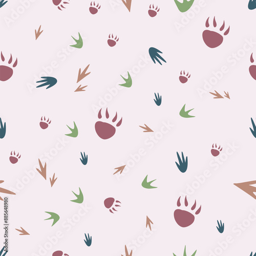 Dinosaur seamless pattern footprint tracks. Minimal color background. Dinosaur footprint seamless pattern perfect for textile, wrap and wallpaper and design.