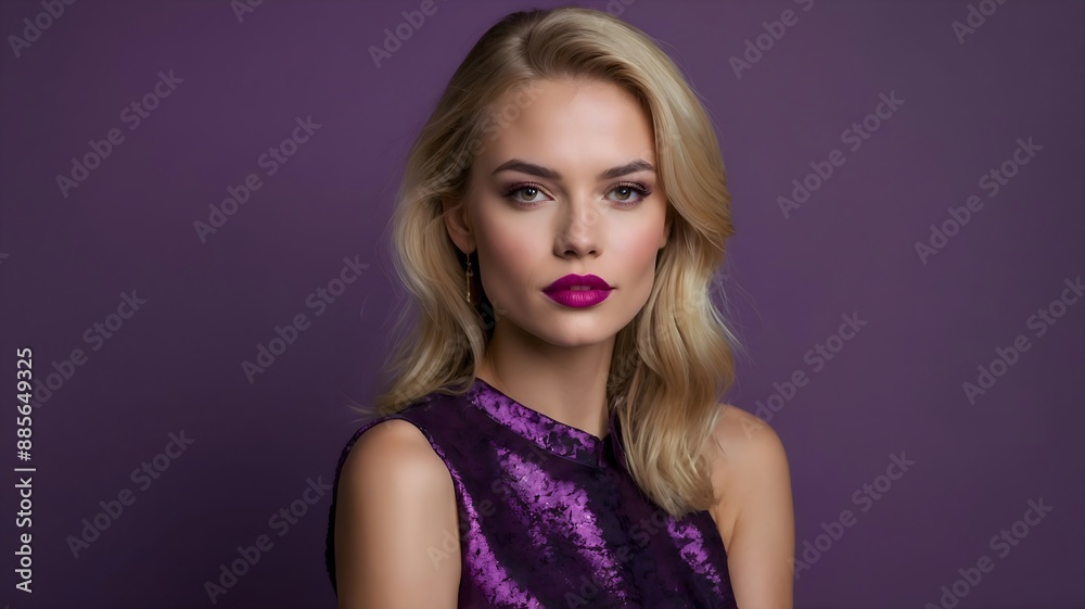 Portrait of a beautiful blond model looking at the camera with a prominent ruby, purple background, with copy space. Portrait of a beautiful blond model looking at the camera with a prominent ruby, purple background, with copy space.