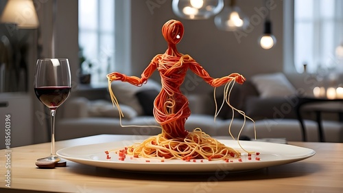 Construct a creative and artistic scenario using a single spaghetti-based humanoid figure. This figure ought to look like it's dancing elegantly on a dish. Warm, ambient lighting in a pleasant kitchen photo