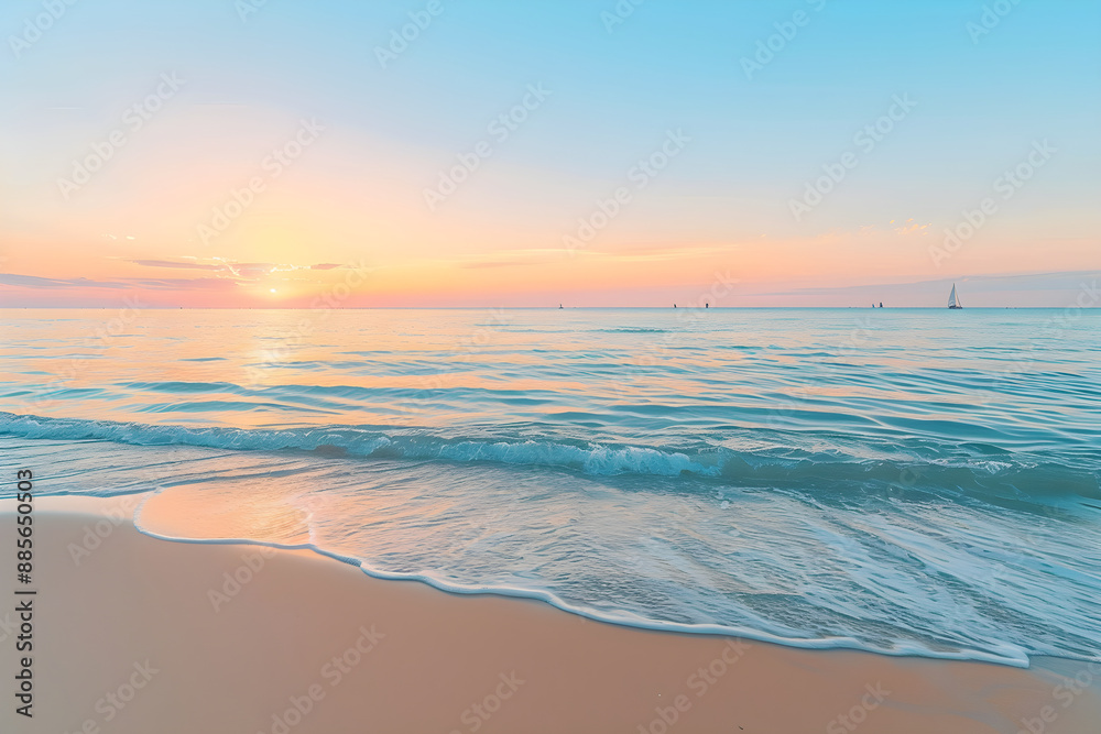 Fototapeta premium Tranquil Coastal Sunset with Distant Sailboats and Vibrant Sky