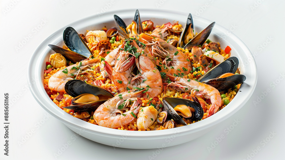 A beautifully presented seafood paella with shrimp, mussels, and clams, on a white porcelain dish against a white background A beautifully presented seafood paella with shrimp, mussels, and clams, on a white porcelain dish against a white background
