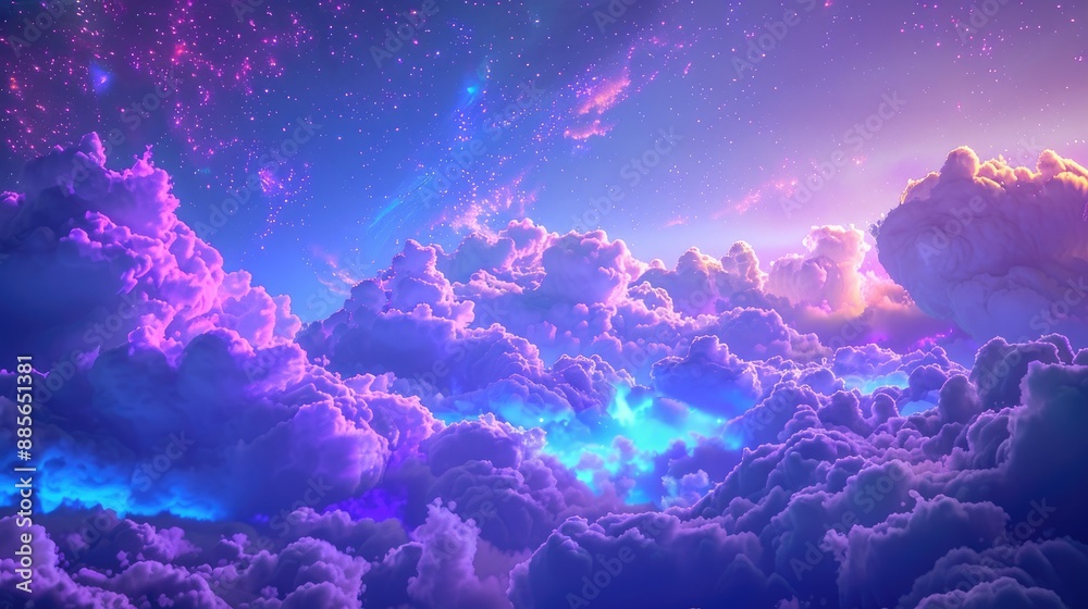 A fantastical panorama unfolds under a sky ablaze with shades of purple and blue, where neon clouds drift lazily amidst the celestial expanse, A fantastical panorama unfolds under a sky ablaze with shades of purple and blue, where neon clouds drift lazily amidst the celestial expanse,