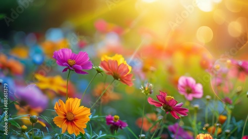 Flower field in sunlight, spring or summer garden background in closeup macro view or flowers meadow field in morning light