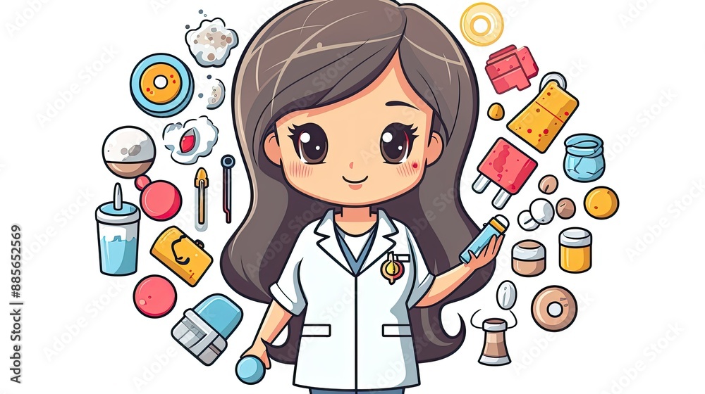a cute Asian girl wearing a white lab coat holding medical tools a cute Asian girl wearing a white lab coat holding medical tools