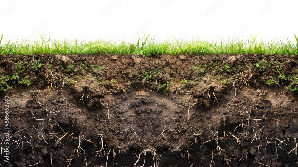 Fototapeta premium Detailed image of grass roots and soil cross section empty space for teaching