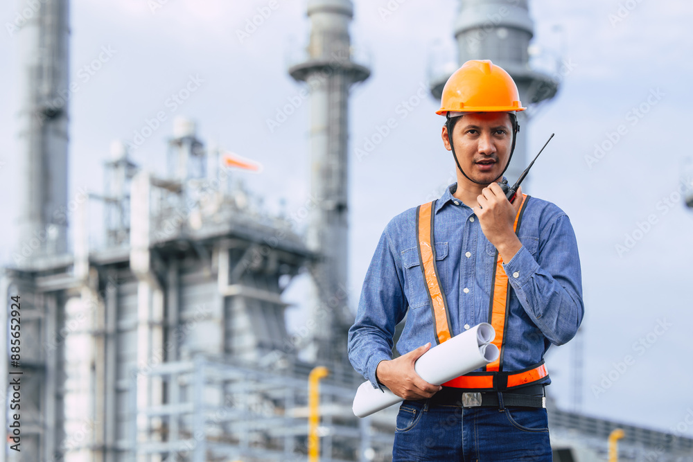 Petroleum Refinery industry engineer male working against oil and gas power industrial factory. Petrochemical power plant industry professional worker. Petroleum Refinery industry engineer male working against oil and gas power industrial factory. Petrochemical power plant industry professional worker.