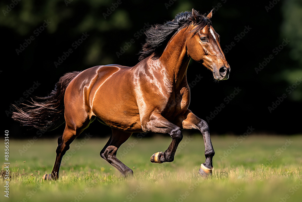 Brown horse galloping outdoors with mane flowing, a graceful animal running with speed and elegance Brown horse galloping outdoors with mane flowing, a graceful animal running with speed and elegance