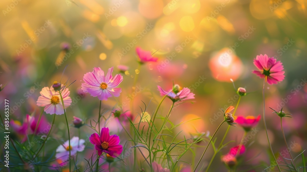 Flower field in sunlight, spring or summer garden background in closeup macro view or flowers meadow field in morning light Flower field in sunlight, spring or summer garden background in closeup macro view or flowers meadow field in morning light