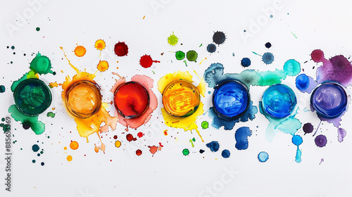 A collection of vibrant watercolor paints splattered on a clean white background 