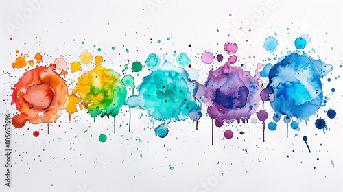 A collection of vibrant watercolor paints splattered on a clean white background 