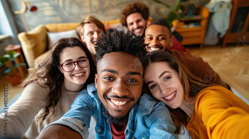 Group of Friends Smiling and Taking a Selfie Together in Cozy Living Room