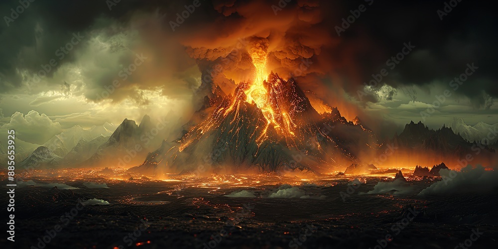 The dark and desolate land of Mordor, featuring erupting volcanoes and barren landscapes. The dark and desolate land of Mordor, featuring erupting volcanoes and barren landscapes.