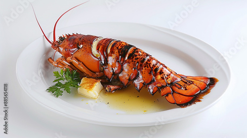 A freshly grilled lobster tail with melted butter, served on a white ceramic plate against a white background photo