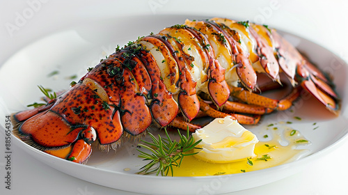 A freshly grilled lobster tail with melted butter, served on a white ceramic plate against a white background photo