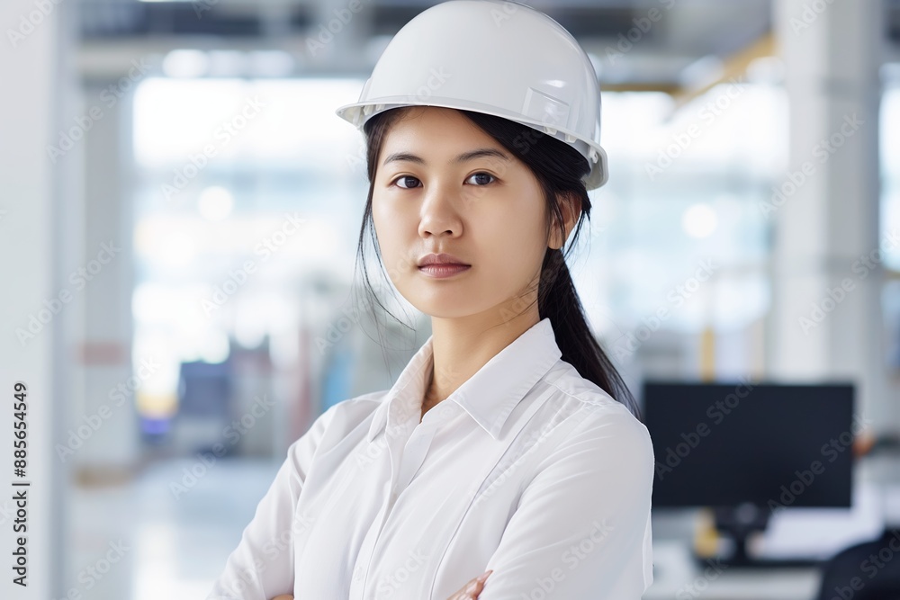 Confident Asian Female Engineer in White Hard Hat and Office Setting Confident Asian Female Engineer in White Hard Hat and Office Setting