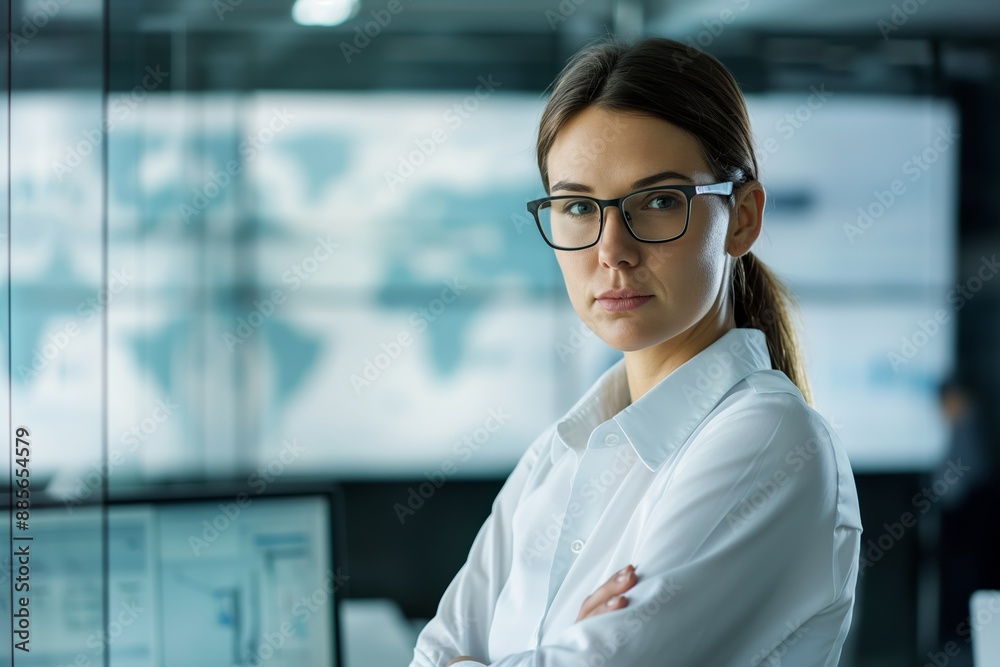 Confident Female Engineer in Modern Office Setting, Focused and Professional