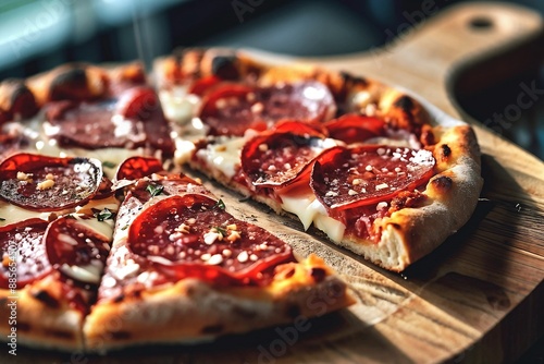 A close-up shot of a freshly baked salami pizza with melted mozzarella cheese, cut into slices on a wooden board under dramatic light