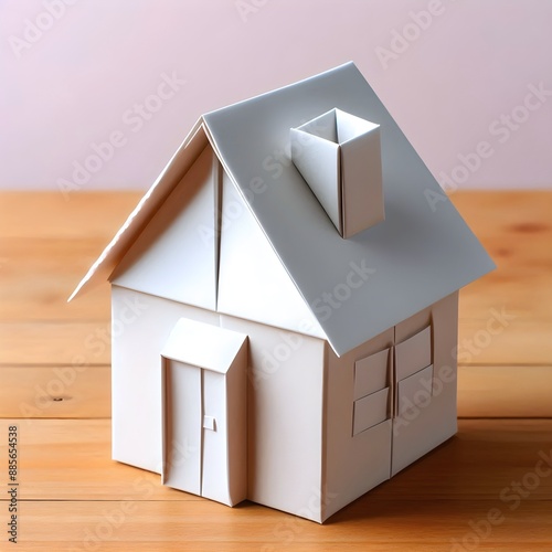 Close-up of a house model made of white paper on brown wooden background. Model of a house in origami style. House mockup. House mockup made of white paper